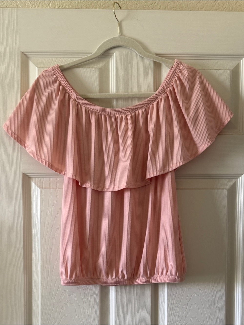 Boston Proper Pink Ribbed Off Shoulder Ruffle Top XS NWOT